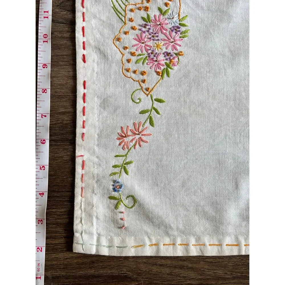 Vintage Rainbow Floral Embroidered Table Runner 50x16 Dresser Scarf Cottagecore